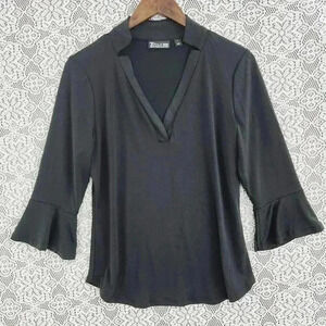 New York & Company V neck mock Bell sleeve Stretched Blouse S Black